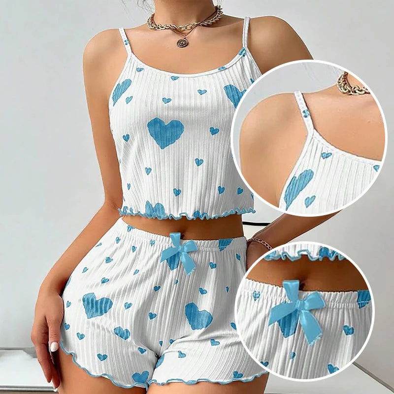 Mulheres spa jam ativo pijamas 2 peças regatas curtas e shorts SS ml branco ventilado macio casual amor impressão