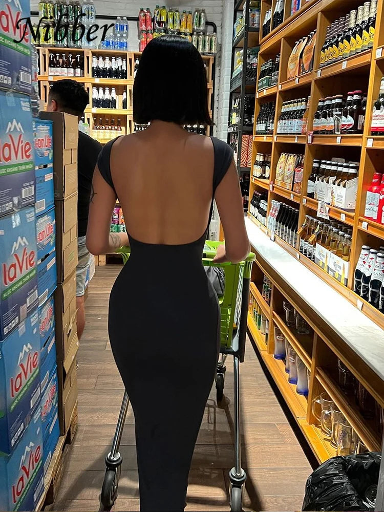 Vestido longo Nibber liso sexy sem costas feminino elegante elástico slim manga curta vestidos longos bodycon feminino roupas streetwear