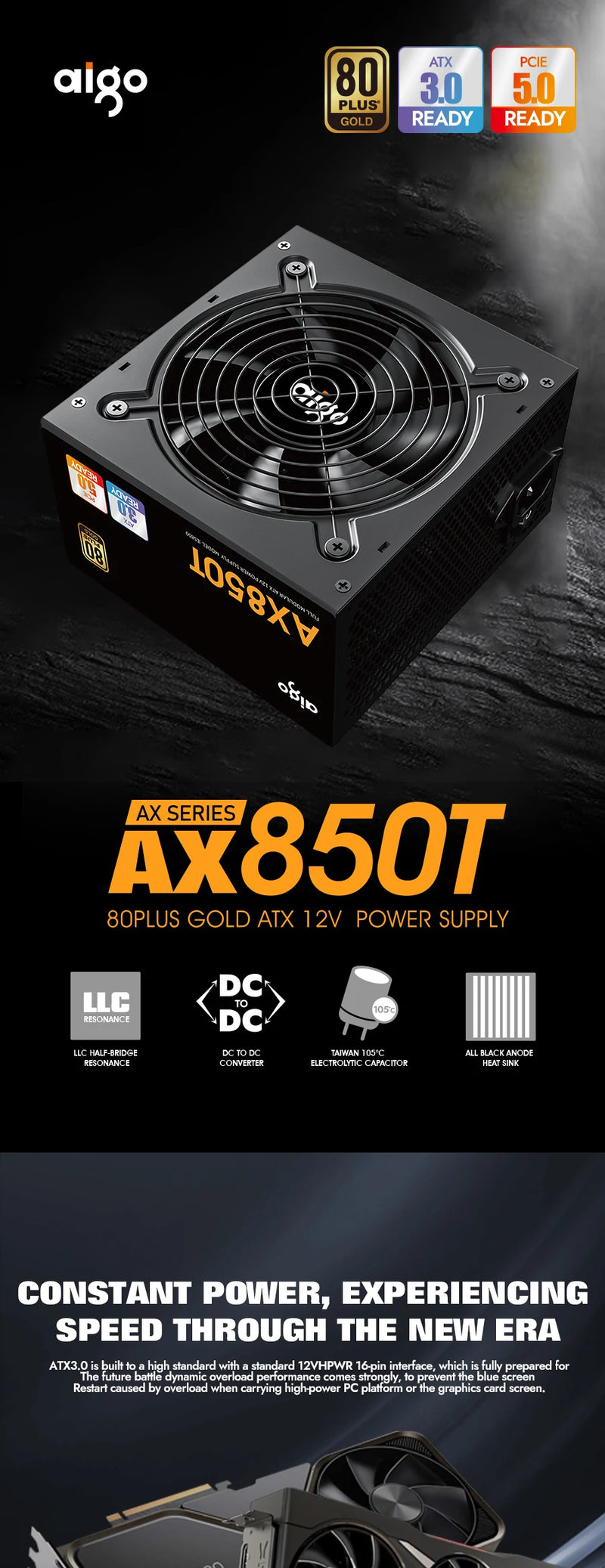Aigo AX Power Supply 850W PCIE 5.0 ATX 3.0 Full Modular 80Plus Gold Certified Game PSU for NVIDIA RTX 20/30/40 AMD Graphics Card
