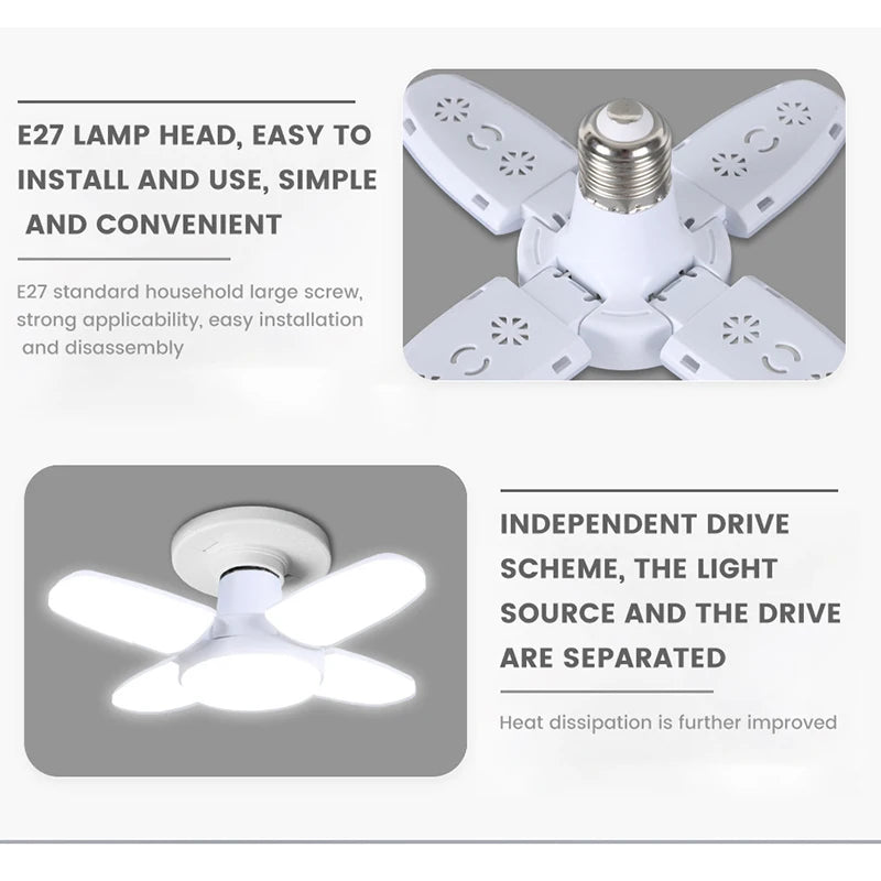 Lâmpada LED dobrável E27 de 28 W com ventilador AC220 V/110 V, 40 lâmpadas de deformação para iluminação de teto residencial, armazém e garagem, luz branca, lâmpada 6500 K