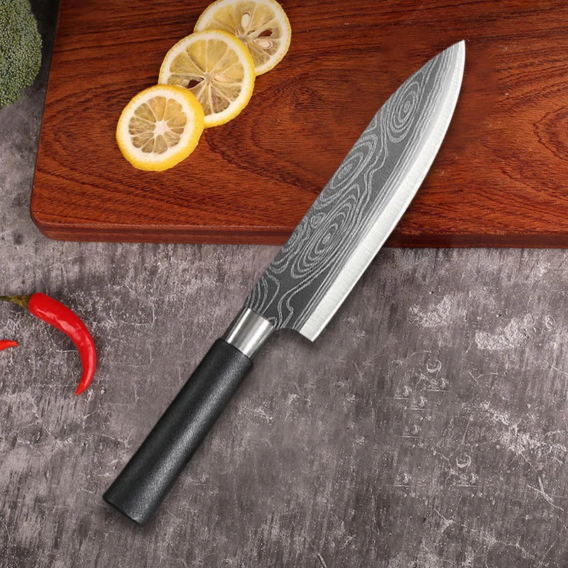 Conjunto de facas de cozinha utilitárias com padrão de damasco a laser, conjunto de hastes de afiação de tesouras, faca de chef afiada de aço inoxidável, ferramenta de cozinha