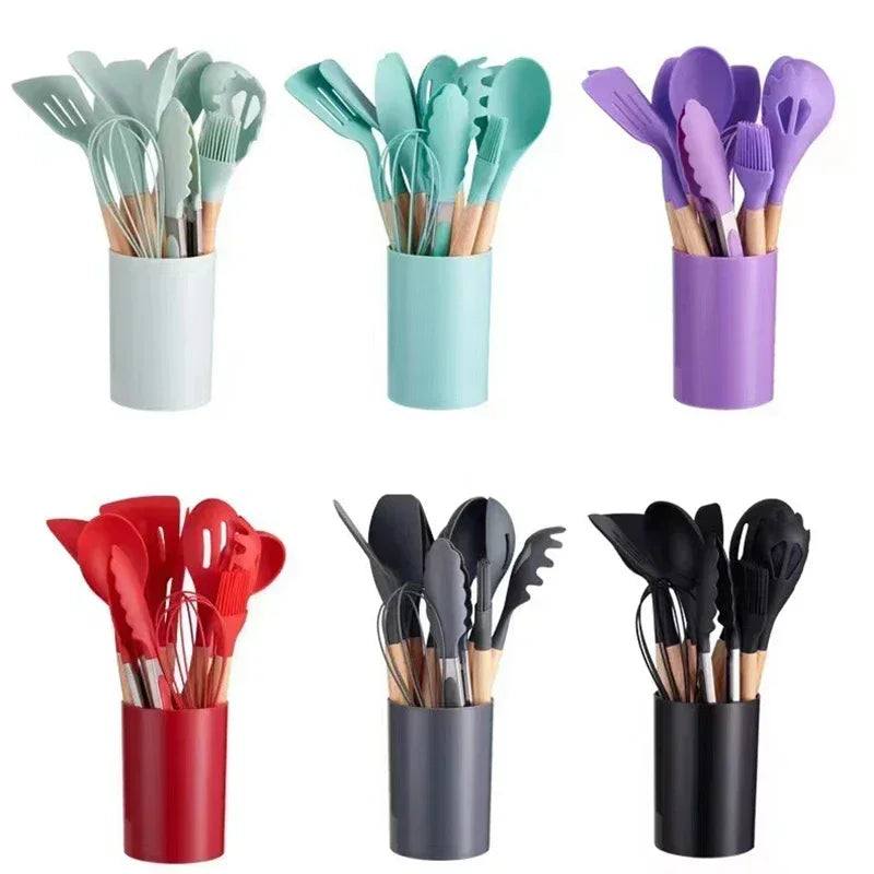 Conjunto de utensílios de cozinha de silicone com 12 peças, cabo de madeira, utensílios de cozinha antiaderentes, espátula, pá, batedores de ovos
