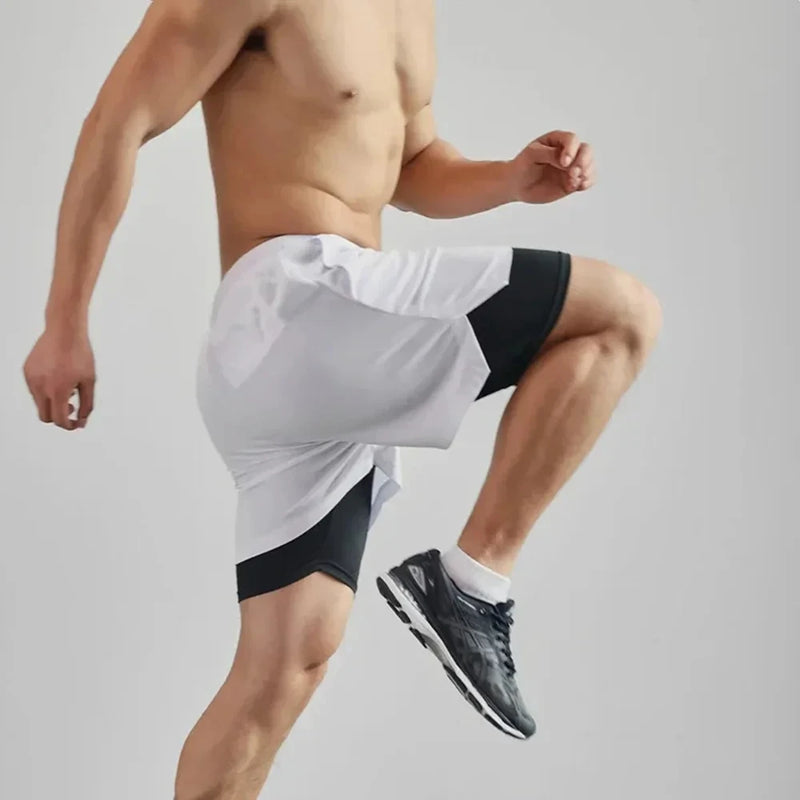 Shorts esportivos masculinos dois em um, respiráveis, casuais, de secagem rápida, de camada dupla, para corrida e esportes de verão, tamanho P-3XL