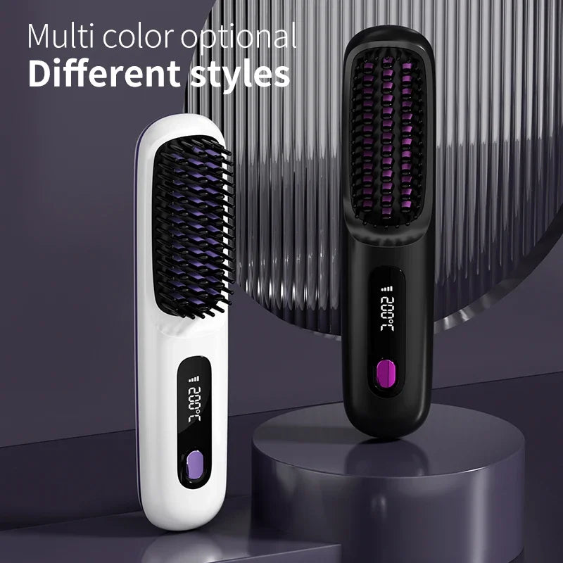 Pente elétrico de cabelo liso com aquecimento de cerâmica USB LCD, ferramenta de modelagem sem fio portátil com íons negativos, escova alisadora recarregável