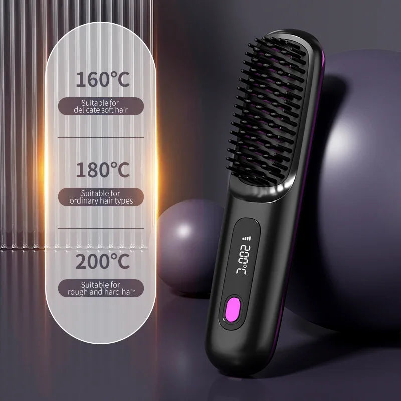 Pente elétrico de cabelo liso com aquecimento de cerâmica USB LCD, ferramenta de modelagem sem fio portátil com íons negativos, escova alisadora recarregável