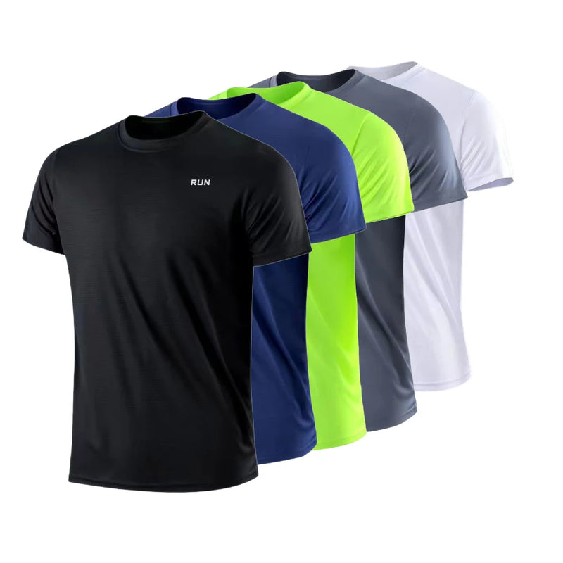 Camiseta masculina de manga curta com secagem rápida para academia e corrida, com absorção de umidade e gola redonda, para treino e exercícios, camiseta esportiva leve