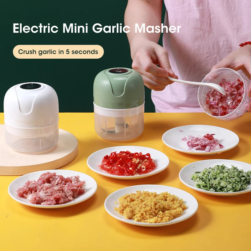 Triturador de alho elétrico de 250 ml, picador de alimentos para cozinha, moedor de carne portátil USB, picador de vegetais para utensílios de cozinha