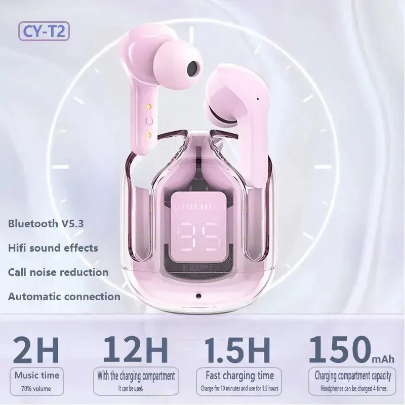 Fone de ouvido sem fio Bluetooth T2 original, transparente, HiFi, LED, com display digital, som estéreo, para Xiaomi