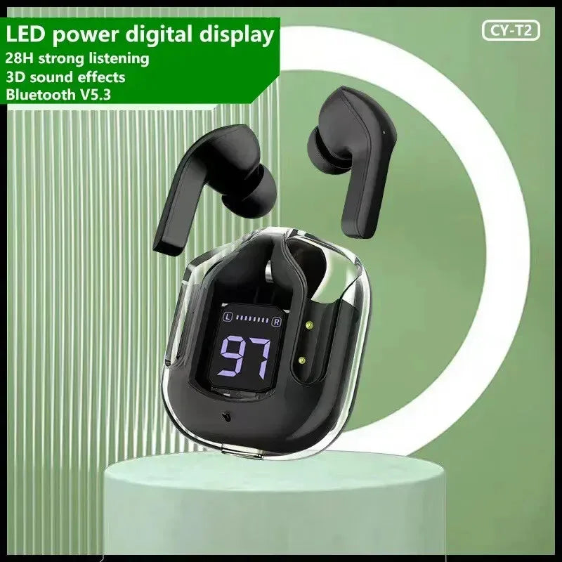 Fone de ouvido sem fio Bluetooth T2 original, transparente, HiFi, LED, com display digital, som estéreo, para Xiaomi