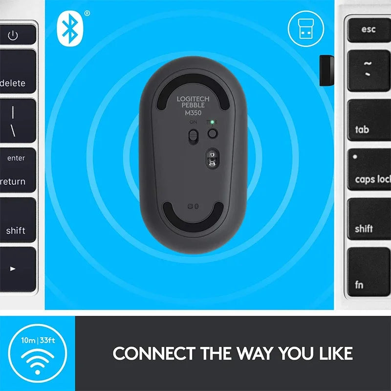 Mouse sem fio para tablet e laptop Logitech Pebble M350, Bluetooth, leve e fino, silencioso, para escritório, 2 em 1, com bateria/USB, estoque