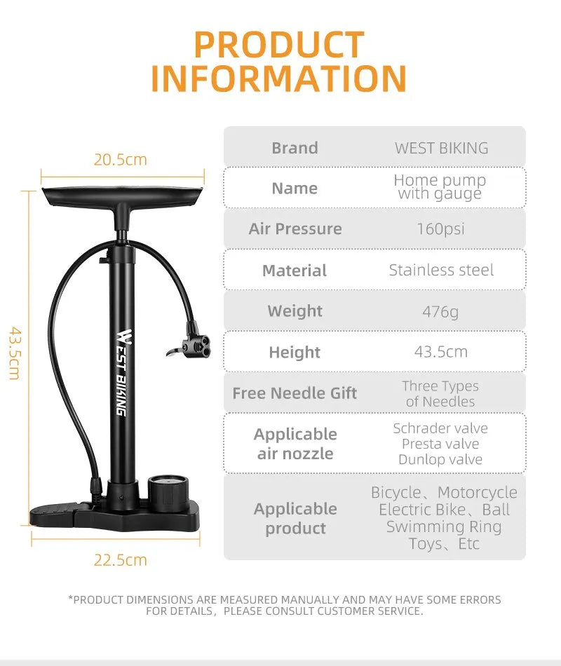 Bomba de bicicleta West Biking 160 psi bomba de bicicleta portátil de aço inoxidável Schrader pré-válvula infladora acessórios para bicicleta de estrada de montanha