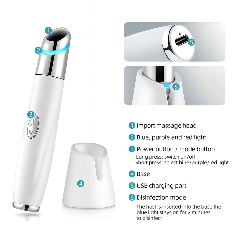 Dispositivo de beleza para os olhos 5 em 1, massageador facial, terapia com luz vermelha LED, varinha para relaxar os olhos, olheiras, bolsas, inchaço, ferramenta para cuidados com a pele