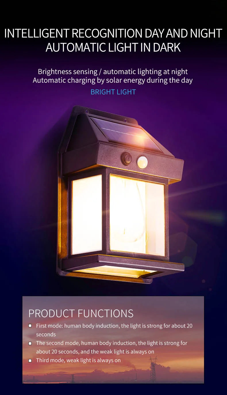Motion Sensor Solar Tungsten Night Lamp Intelligent Wall Lamp 3 Lighting Modes Waterproof Courtyard Garden Decoration Lantern