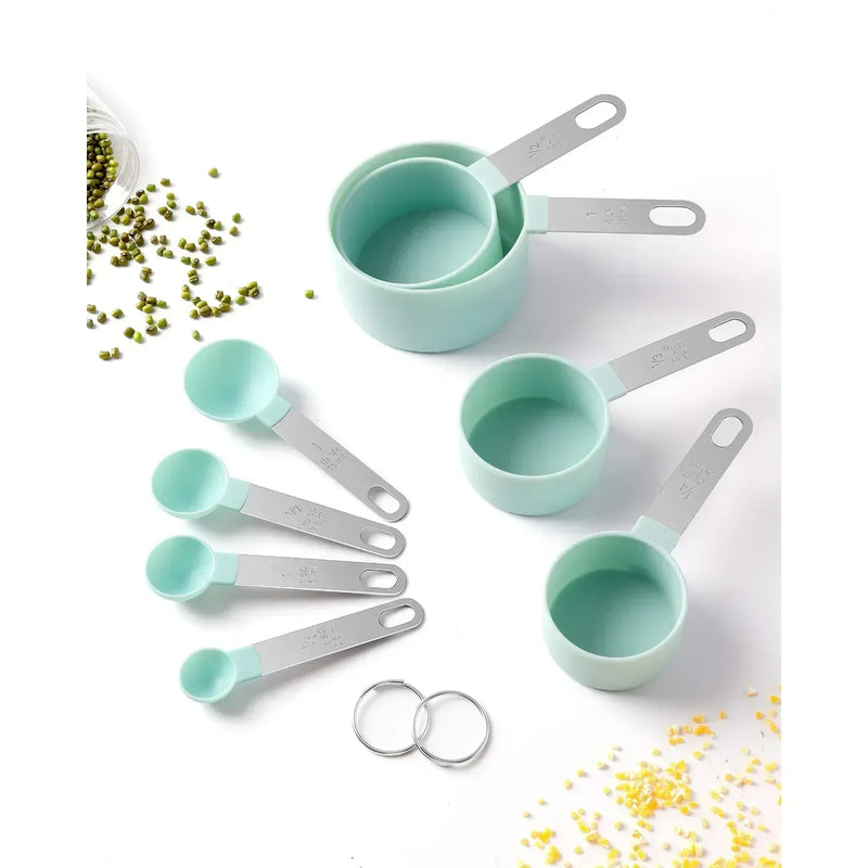 xícaras e colheres medidoras, xícaras e colheres empilháveis, xícaras medidoras encaixáveis com alça, utensílios de cozinha para cozinhar e assar