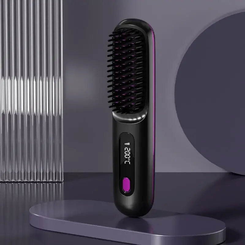 Pente elétrico de cabelo liso com aquecimento de cerâmica USB LCD, ferramenta de modelagem sem fio portátil com íons negativos, escova alisadora recarregável