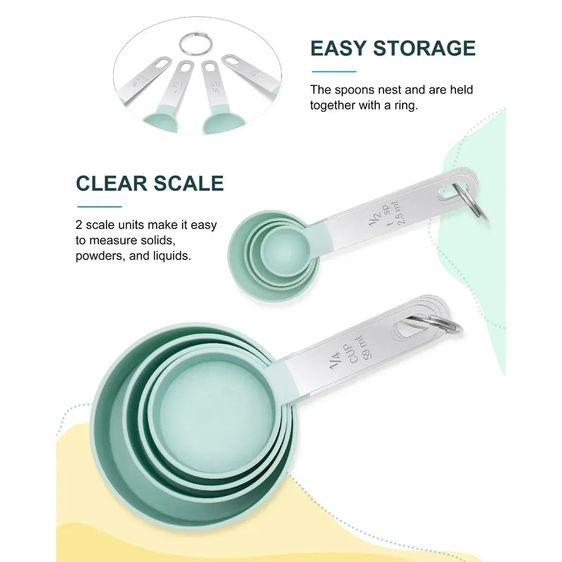xícaras e colheres medidoras, xícaras e colheres empilháveis, xícaras medidoras encaixáveis com alça, utensílios de cozinha para cozinhar e assar