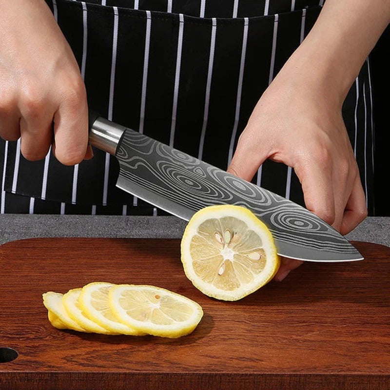 Conjunto de facas de cozinha utilitárias com padrão de damasco a laser, conjunto de hastes de afiação de tesouras, faca de chef afiada de aço inoxidável, ferramenta de cozinha