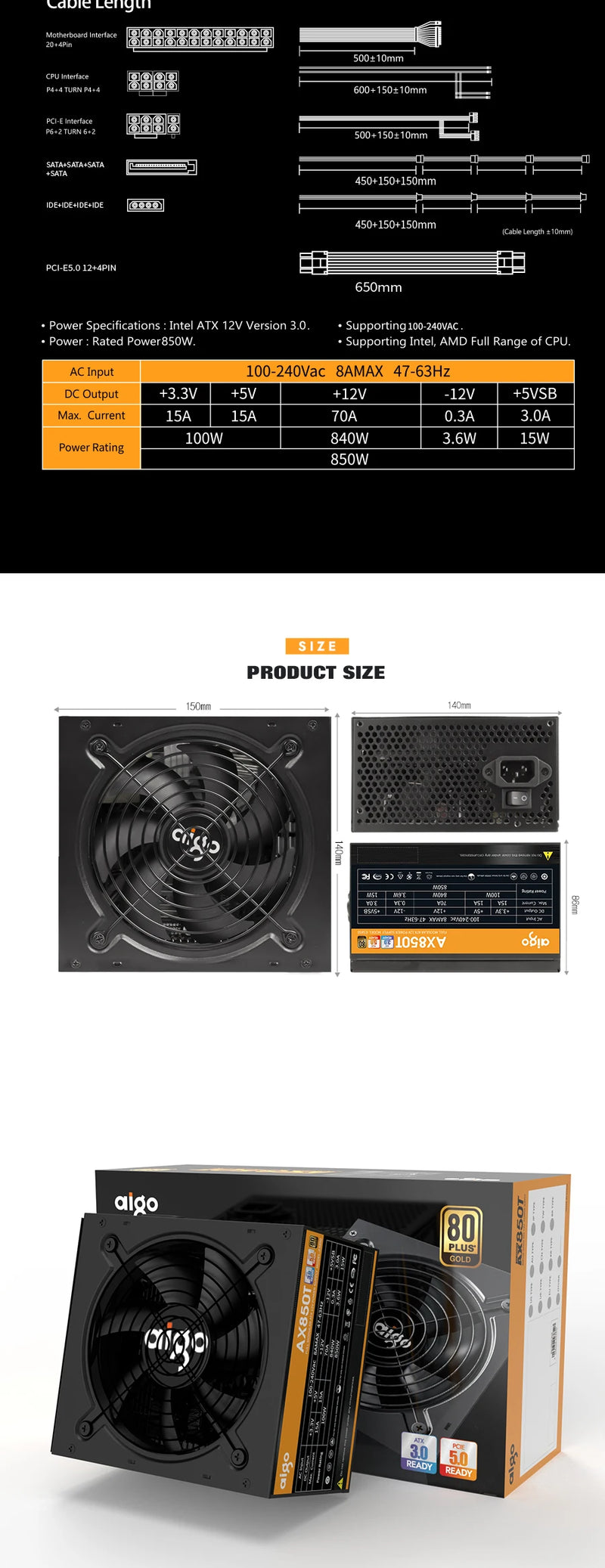 Aigo AX Power Supply 850W PCIE 5.0 ATX 3.0 Full Modular 80Plus Gold Certified Game PSU for NVIDIA RTX 20/30/40 AMD Graphics Card