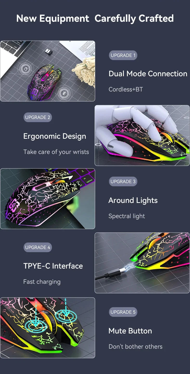 Mouse gamer RGB Bluetooth 2.4G sem fio ergonômico 1600DPI 6 botões mudos mouse para MacBook tablet laptops computador