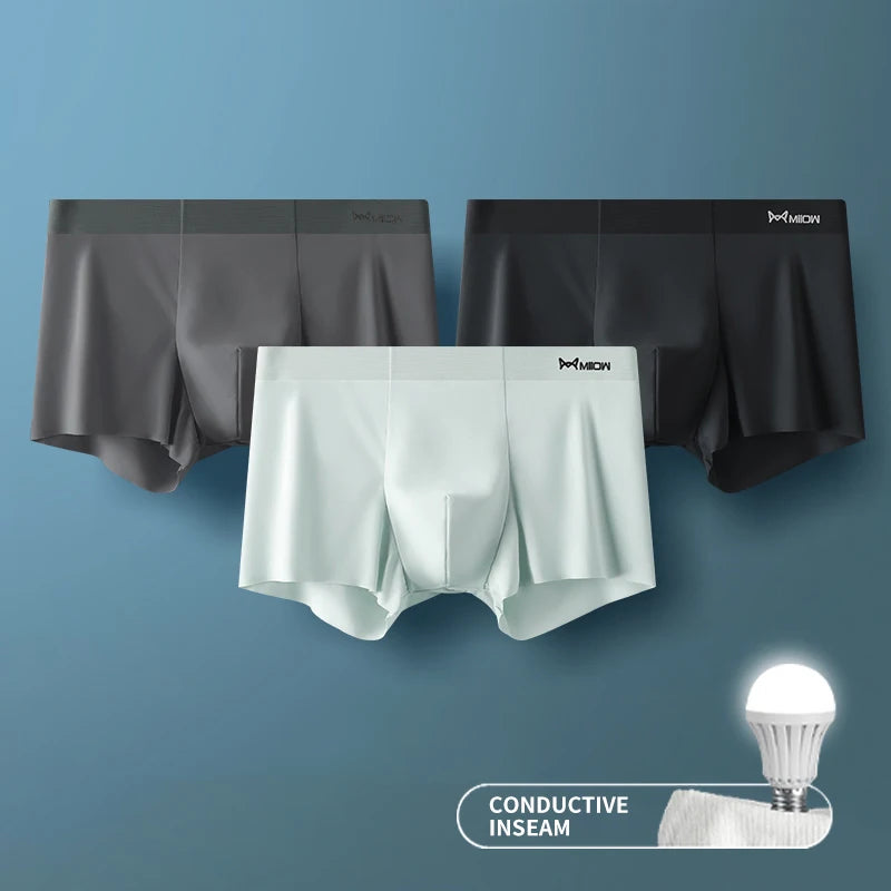 MIIOW 3 Peças Cueca Boxer Masculina de Seda Gelada Fibra Metálica Antiestática Cuecas Masculinas Sem Costura Bainha de Corte Cuecas Masculinas Boxers Shorts Trunk