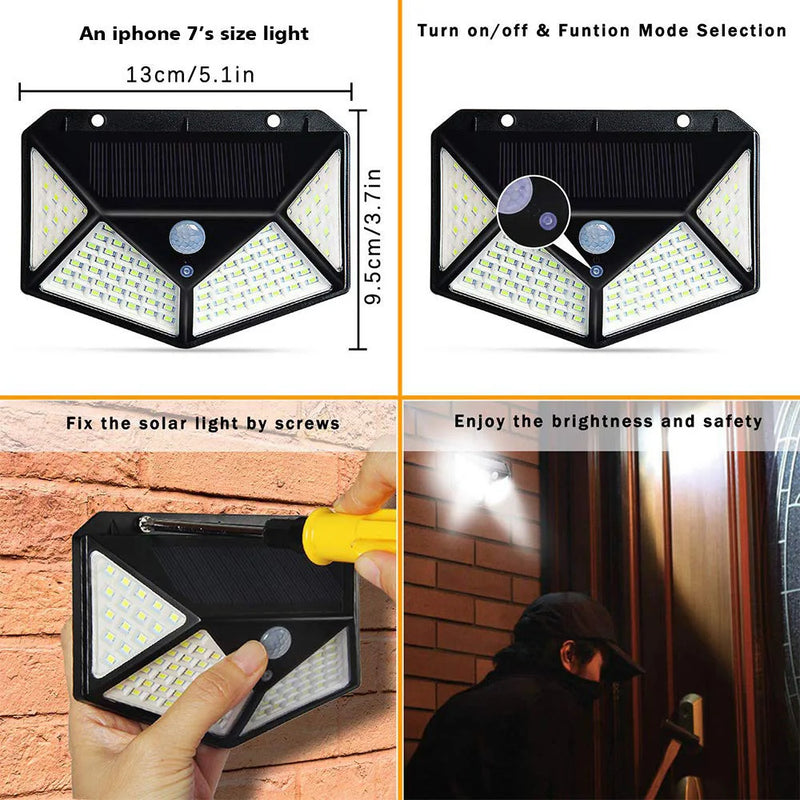 Luzes solares externas à prova d'água 100 LED lâmpada de parede sensor de movimento luz solar luz de rua para jardim varanda quintal garagem