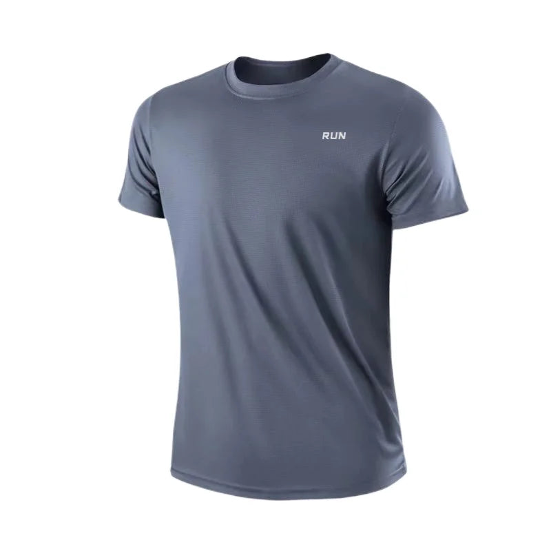 Camiseta masculina de manga curta com secagem rápida para academia e corrida, com absorção de umidade e gola redonda, para treino e exercícios, camiseta esportiva leve