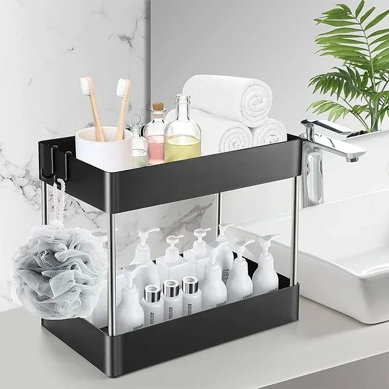 1/2 PCs organizador de armazenamento sob a pia, gaveta de 2 níveis, armário de rack multiuso, rack de armazenamento sob a pia, organizador de banheiro e cozinha