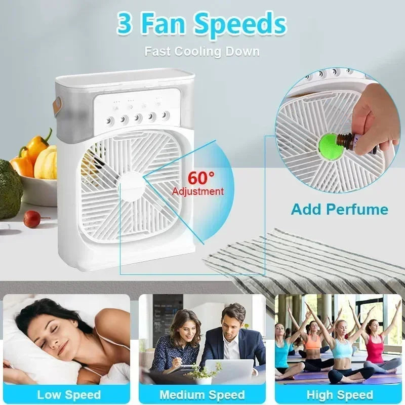 Umidificador portátil, ventilador, ar condicionado, USB, ventilador elétrico, luz noturna LED, névoa de água, divertido, 3 em 1, refrigerador de ar, umidificador para casa