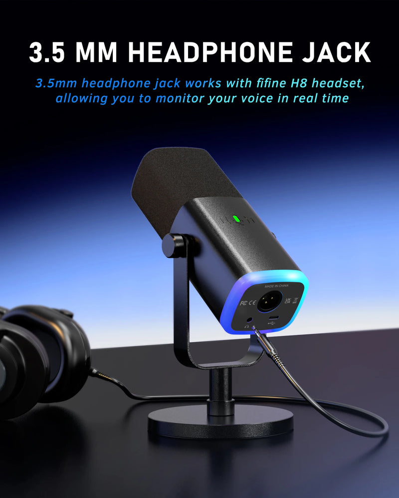 Microfone dinâmico FI fine USB/X LR com botão de silenciamento por toque, entrada para fone de ouvido, controles de E/S, para PC PS5/4 Michelle, jogo MI Camp AM8