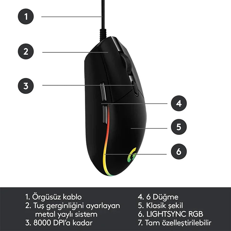 Mouse gamer Logitech G102 com fio USB, tela com efeito óptico de arco-íris de 8000 DPI para PC/Mac e laptop
