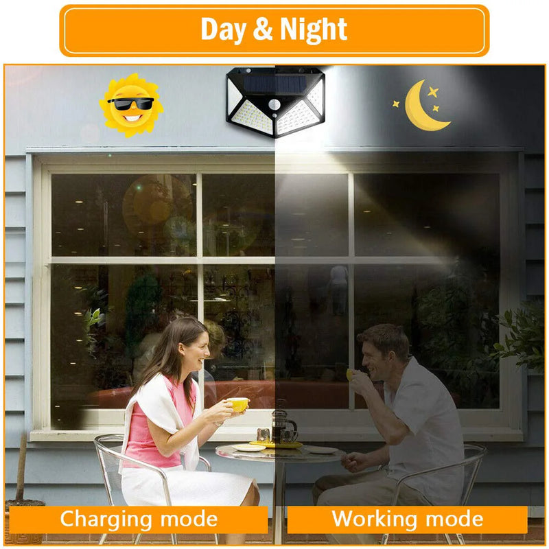Luzes solares externas à prova d'água 100 LED lâmpada de parede sensor de movimento luz solar luz de rua para jardim varanda quintal garagem