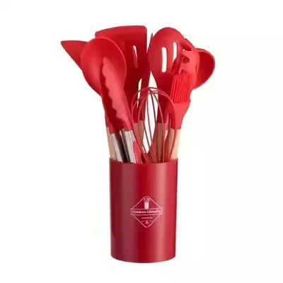 Conjunto de utensílios de cozinha de silicone com 12 peças, cabo de madeira, utensílios de cozinha antiaderentes, espátula, pá, batedores de ovos