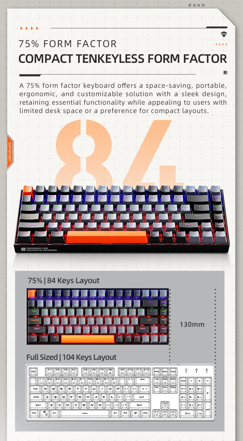 Teclado mecânico K500A-B84 MA Car 75% TK l com fio hot-swappable para jogos, retroiluminação em 6 cores, 84 teclas, para jogadores de PC e laptop