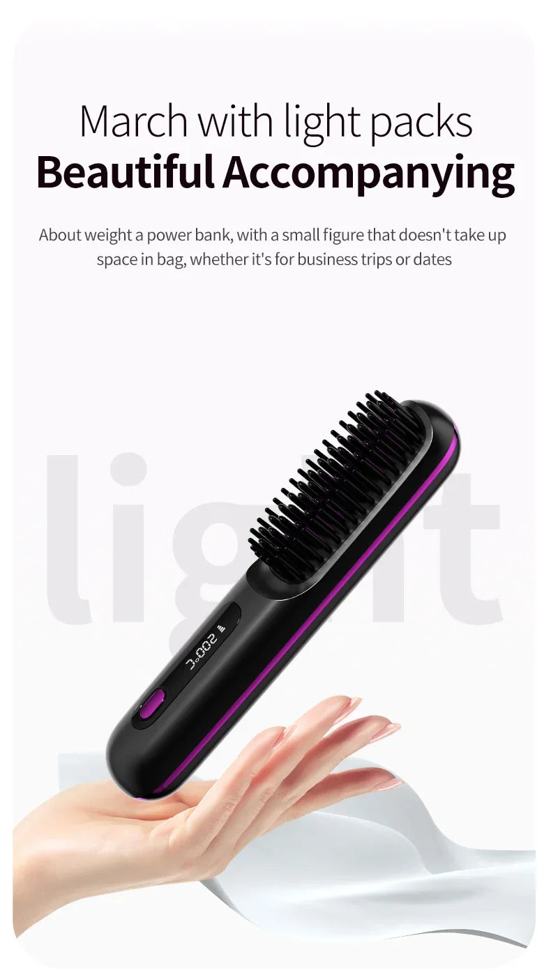 Pente elétrico de cabelo liso com aquecimento de cerâmica USB LCD, ferramenta de modelagem sem fio portátil com íons negativos, escova alisadora recarregável