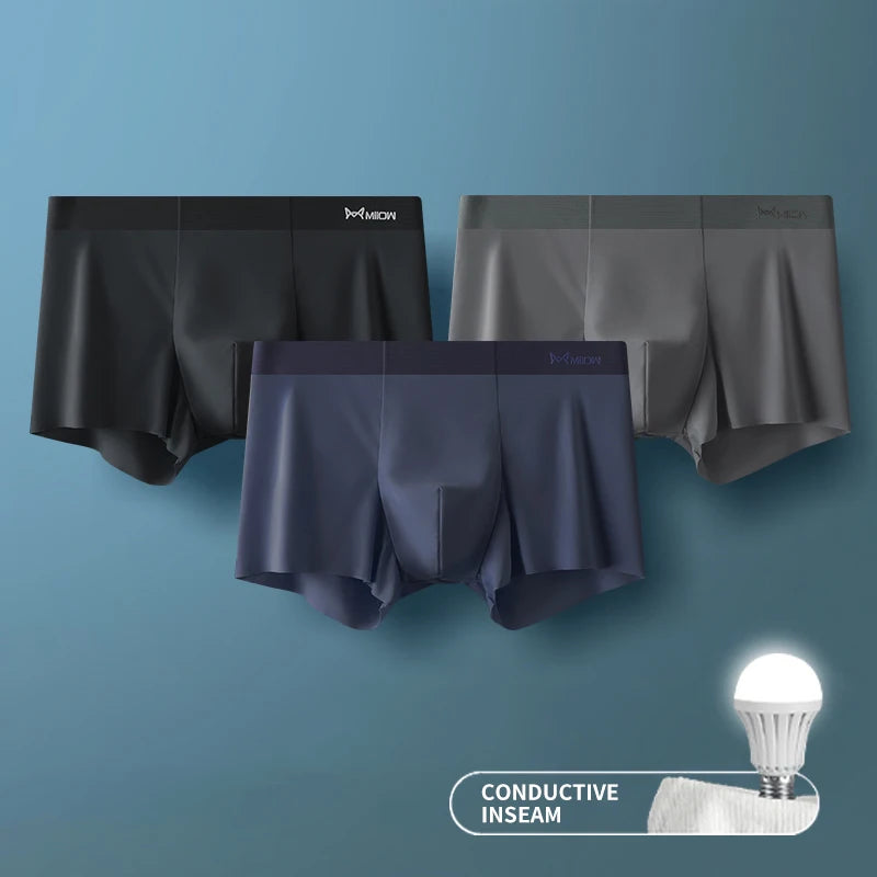 MIIOW 3 Peças Cueca Boxer Masculina de Seda Gelada Fibra Metálica Antiestática Cuecas Masculinas Sem Costura Bainha de Corte Cuecas Masculinas Boxers Shorts Trunk