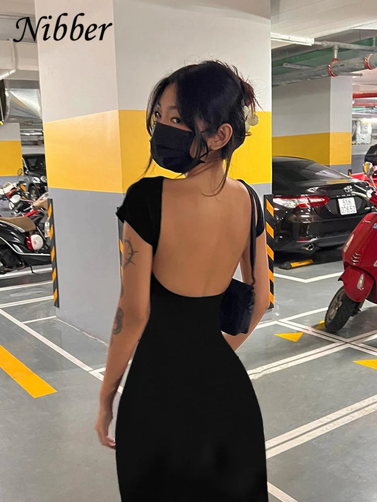 Vestido longo Nibber liso sexy sem costas feminino elegante elástico slim manga curta vestidos longos bodycon feminino roupas streetwear