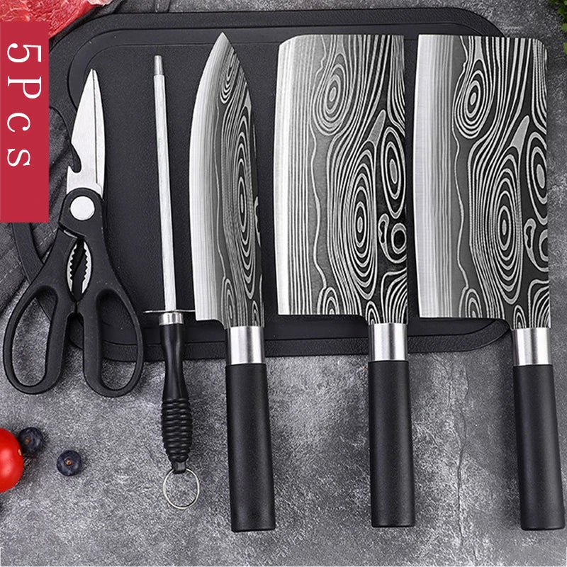 Conjunto de facas de cozinha utilitárias com padrão de damasco a laser, conjunto de hastes de afiação de tesouras, faca de chef afiada de aço inoxidável, ferramenta de cozinha
