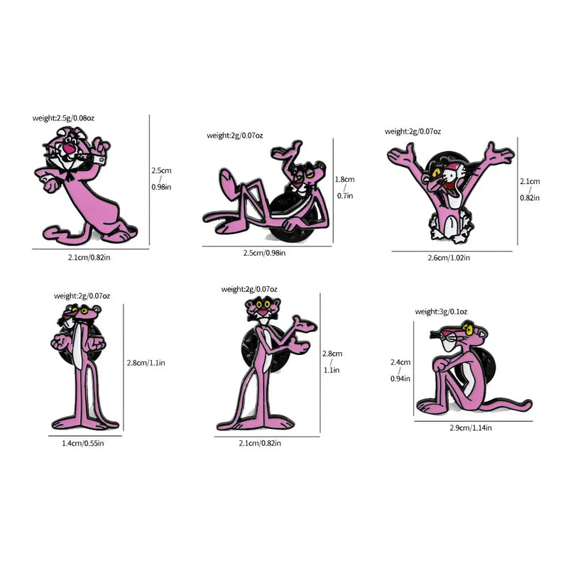 Broche criativo de desenho animado com 6 peças, broche de esmalte engraçado de pantera rosa, broche de metal, joias, roupas, mochila, acessórios, presente para amigos