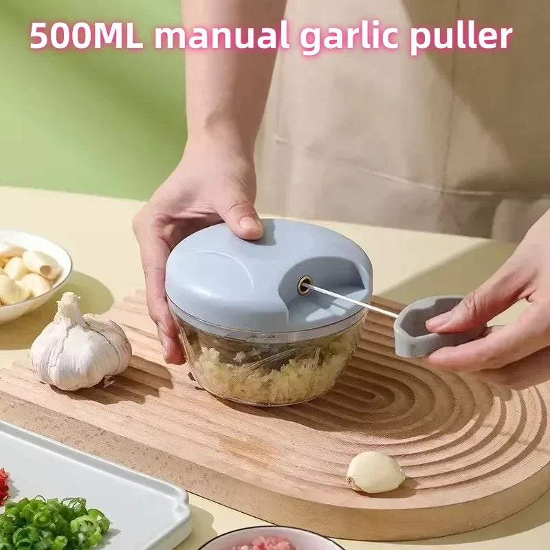 Moedor de carne manual de 500 ml, picador de alho giratório, triturador de alho, cortador de vegetais e cebola, picador de alimentos para cozinha