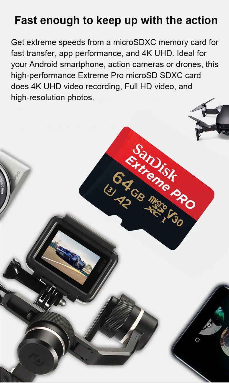 Cartão de memória SanDisk Extreme Pro Micro SD 256 GB UHS-I, cartão Micro SD 128 GB, cartão TF 64 GB, 200 MB/memória em classe 10 U3 V30 A2, capa para carro