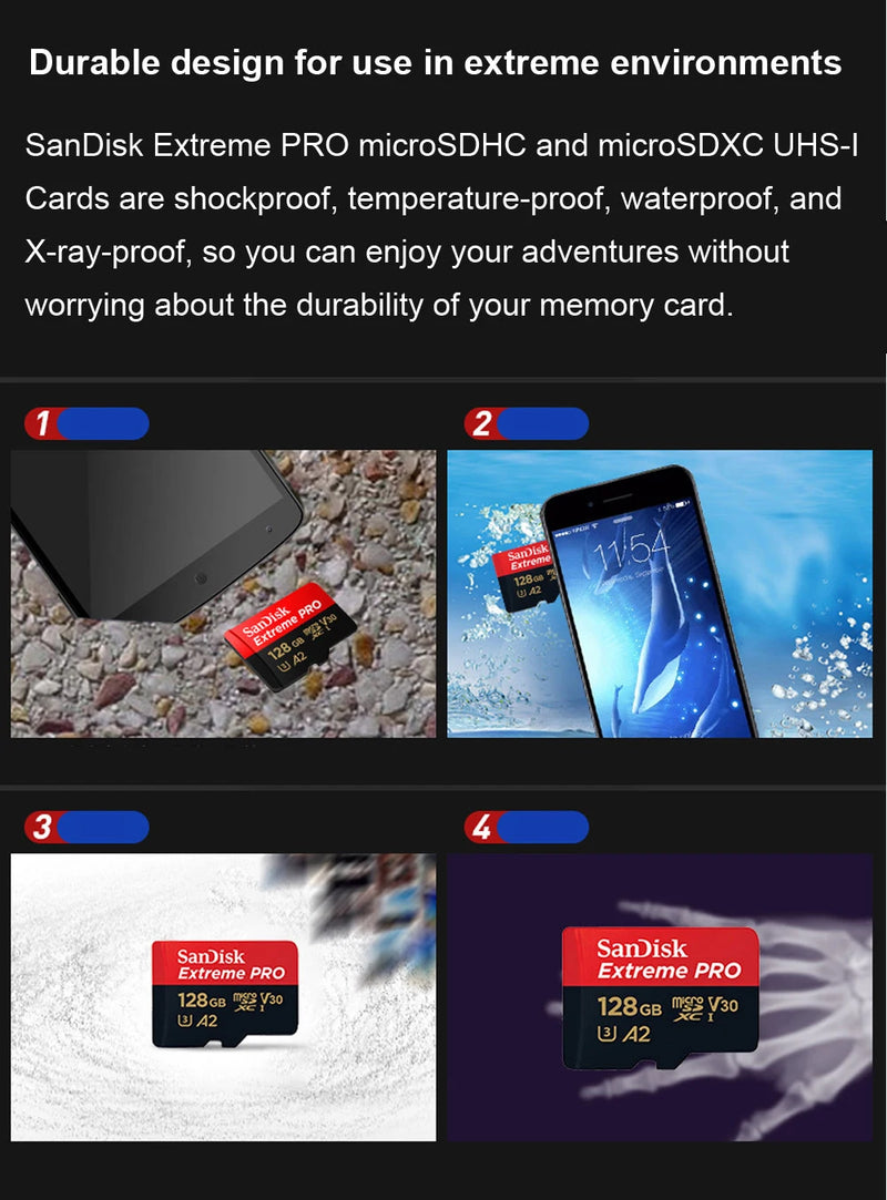 Cartão de memória SanDisk Extreme Pro Micro SD 256 GB UHS-I, cartão Micro SD 128 GB, cartão TF 64 GB, 200 MB/memória em classe 10 U3 V30 A2, capa para carro