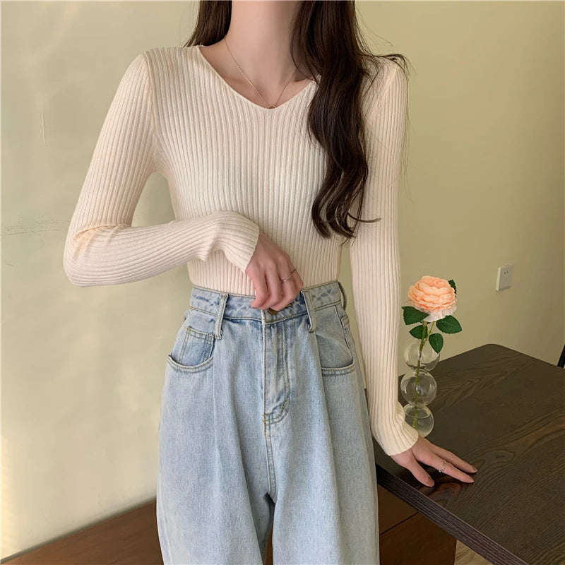 2025 Outono Inverno Mulheres Suéteres Casuais Manga Longa Malha Pulôver Suéter Feminino BÁSICO Sólido Jersey Tops Moda Roupas