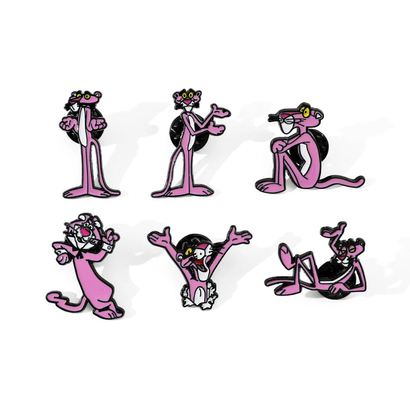 Broche criativo de desenho animado com 6 peças, broche de esmalte engraçado de pantera rosa, broche de metal, joias, roupas, mochila, acessórios, presente para amigos