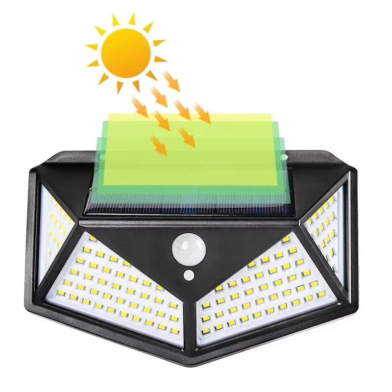 Luzes solares externas à prova d'água 100 LED lâmpada de parede sensor de movimento luz solar luz de rua para jardim varanda quintal garagem