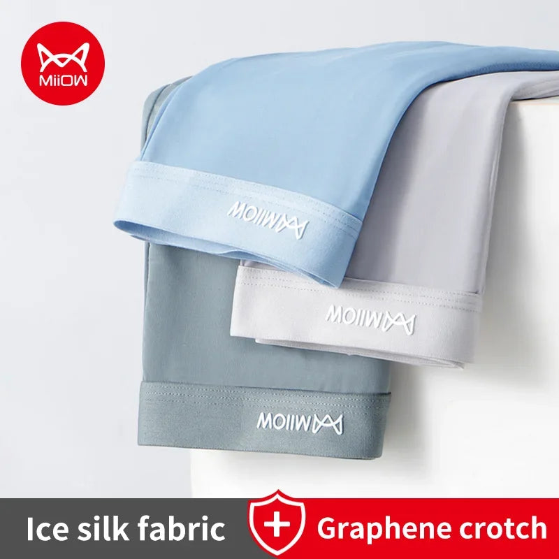 MiiOW 3 peças cuecas boxer masculinas de seda fina e gelada, grafeno, antibacteriano, roupa íntima masculina respirável e refrescante