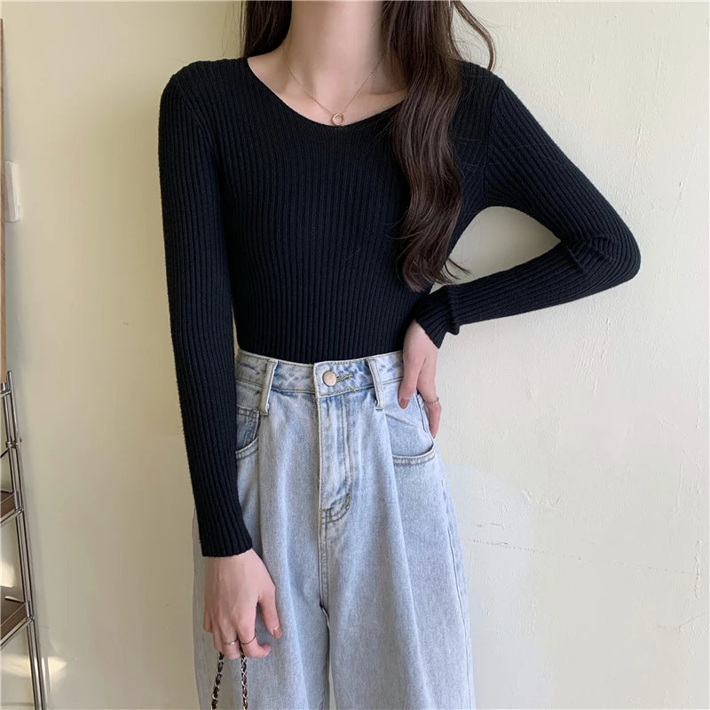 2025 Outono Inverno Mulheres Suéteres Casuais Manga Longa Malha Pulôver Suéter Feminino BÁSICO Sólido Jersey Tops Moda Roupas