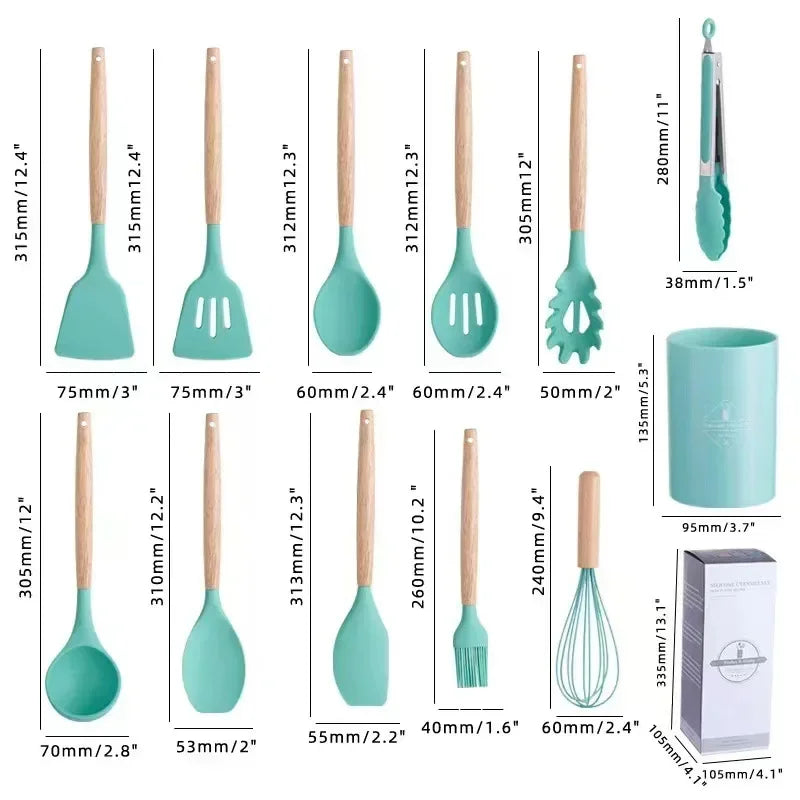Conjunto de utensílios de cozinha de silicone com 12 peças, cabo de madeira, utensílios de cozinha antiaderentes, espátula, pá, batedores de ovos