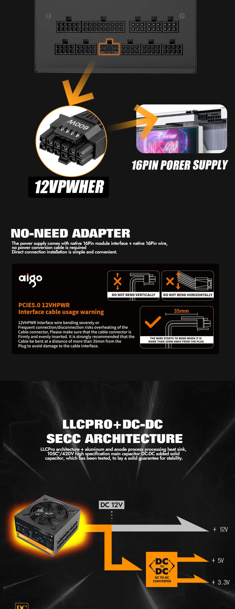 Aigo AX Power Supply 850W PCIE 5.0 ATX 3.0 Full Modular 80Plus Gold Certified Game PSU for NVIDIA RTX 20/30/40 AMD Graphics Card