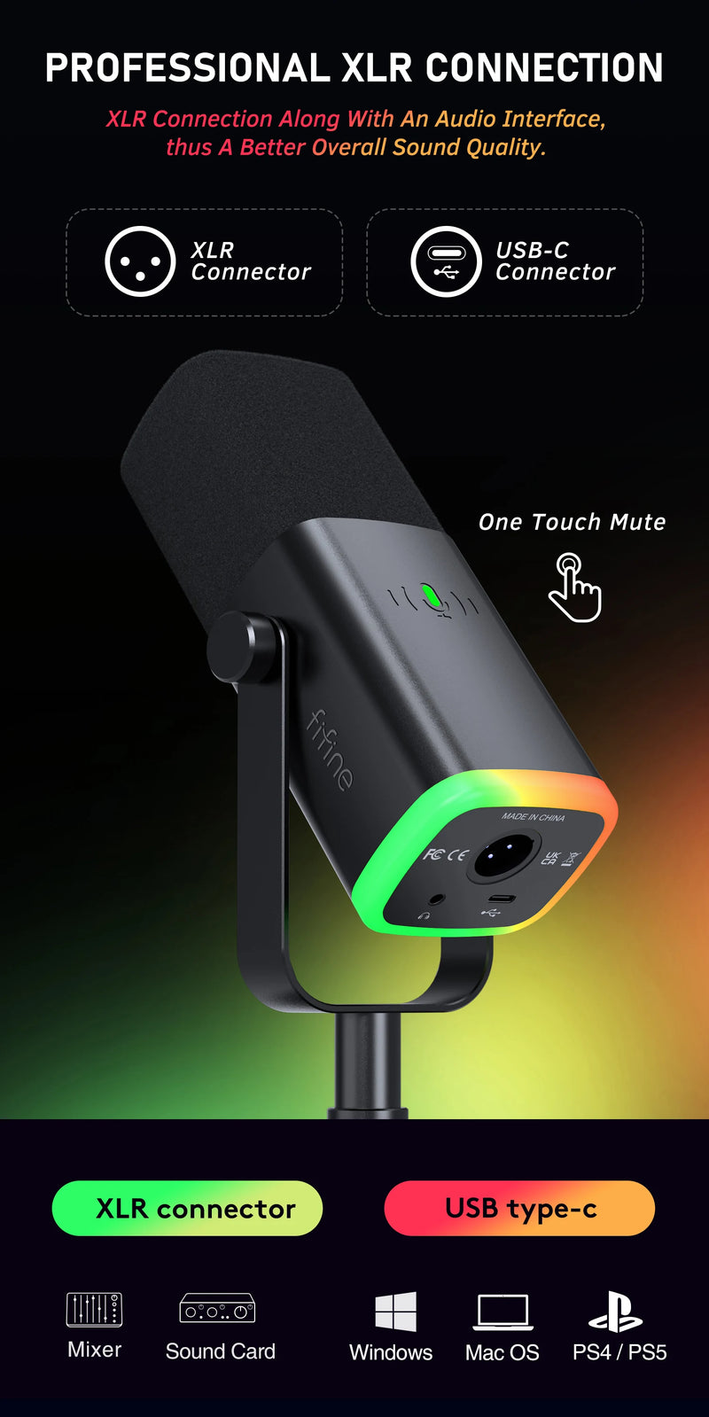 Microfone dinâmico FI fine USB/X LR com botão de silenciamento por toque, entrada para fone de ouvido, controles de E/S, para PC PS5/4 Michelle, jogo MI Camp AM8