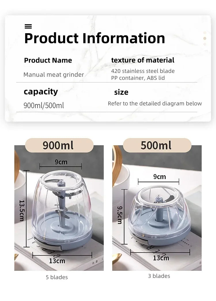 Moedor de carne manual de 500 ml, picador de alho giratório, triturador de alho, cortador de vegetais e cebola, picador de alimentos para cozinha